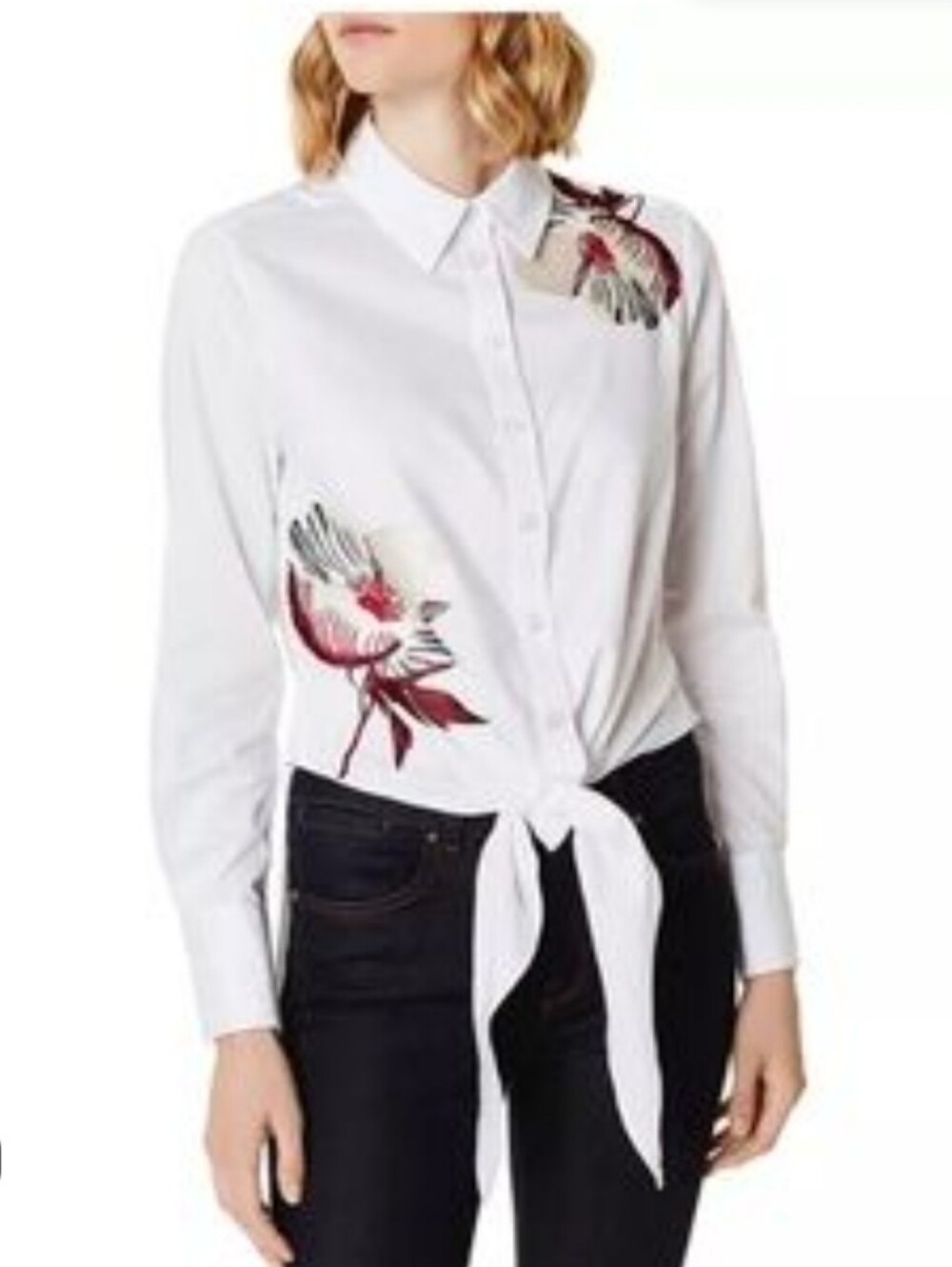 Karen Millen White Floral Embroidered Tie Front Button Up Shirt Blouse Top Sz M